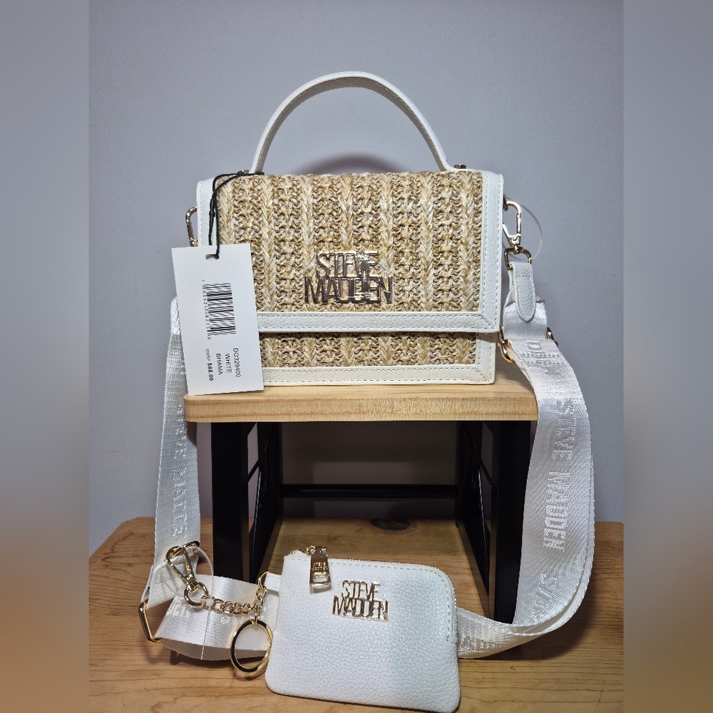 Steve Madden Tan and White Woven Crossbody Bag + Free Lipstick